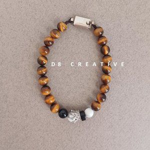 New men's tiger eyes stone with Sterling silver & CZ crown hand woven bracelet